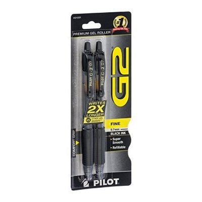 Pilot 31031 G2 Gel Roller Ball Pen, Retractable, Black Ink, 0.7mm Fine, 2 per Pack|Pilot Pen